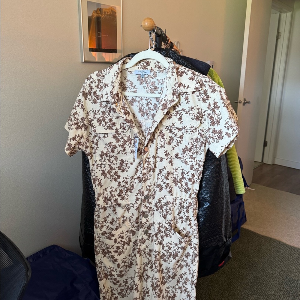 Cream Short Sleeve Floral Shirt Dress